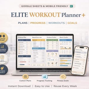以下が含まれることがあります： ラップトップとスマートフォンは、ワークアウトプランナーのインターフェースを表示しています。ラップトップの画面には詳細なワークアウトプランが表示され、スマートフォンには同様のインターフェースが表示されます。画像には、カスタムプラン、進捗状況の追跡、ジムでのワークアウト、フィットネスの目標のアイコンが含まれています。「ELITE WORKOUT Planner +」と「Instant Download」というテキストが表示されています。