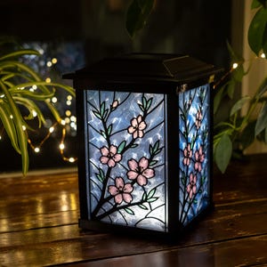 Cherry Blossom Solar Lantern | 3D Printed Stained Glass Style | Fence Post Cap
