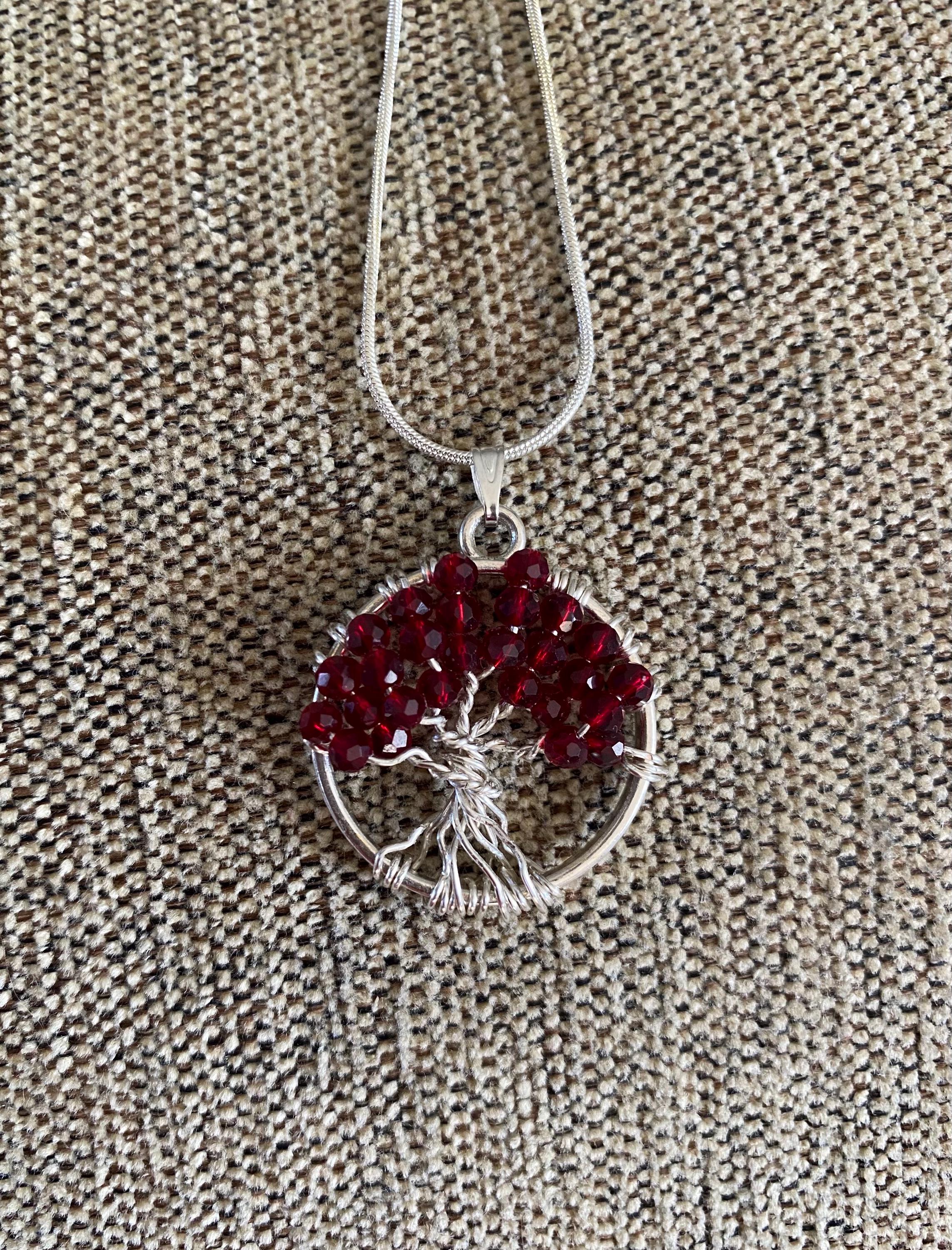 Handcrafted Tree of Life Pendant. Red Crystal Beads on Silver Coloured ...