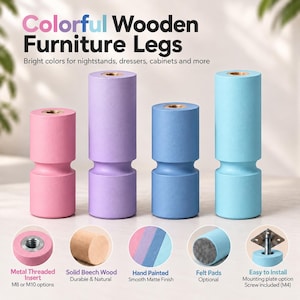 Könnte beinhalten: Vier zylindrische Möbelbeine aus Holz in Pink, Lila, Blau und Hellblau mit einer mittigen Rille. Text: Colorful Wooden Furniture Legs. Merkmale sind Metallgewindeeinsätze, massives Buchenholz und optionale Filzgleiter.