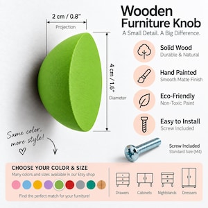 Op de afbeelding: Een limoengroene, halfronde houten meubelknop met een diameter van 4 cm en een uitsteek van 2 cm. De knop wordt geleverd met een zilverkleurige M4-schroef. De tekst op de afbeelding bevat Wooden Furniture Knob, Solid Wood en Hand Painted.