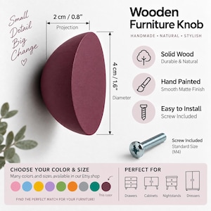 Op de afbeelding: Een donkerbordeauxrode, halfronde houten meubelknop met een matte afwerking. De knop heeft een diameter van 4 cm en een uitsteek van 2 cm. Een standaard M4-schroef voor installatie is inbegrepen. De tekst op de afbeelding is Wooden Furniture Knob.