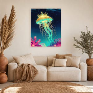 Bioluminescent Jellyfish Poster | Deep Sea Ocean Bathroom Wall Art Print | Dark Coastal Night Print image 11