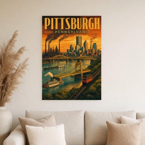 Pittsburgh Travel Poster | Vintage Three Rivers Bridges Print | Pennsylvania Wall Art Print | Mid Century City Decor image 3