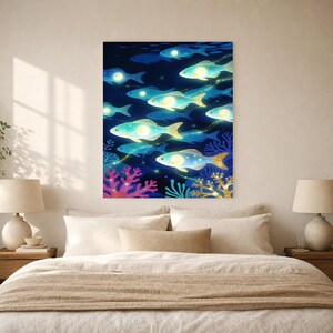 Bioluminescent Fish Shoal Poster | Deep Sea Ocean Bathroom Wall Art Print | Dark Coastal Night Print image 9