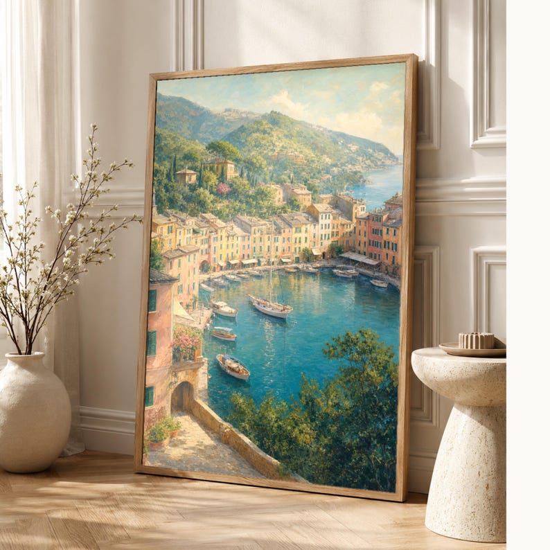 Pôster de viagem de Portofino | Pintura suave para decoração de parede da Itália | Impressão do porto da Riviera Italiana | Impresso e enviado imagem 1