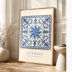 Lisbon Azulejo Tile Wall Art | Cobalt Blue Portuguese Maiolica Poster | Lisbon Travel Print | Mediterranean Kitchen Decor | Portugal Gift image 1