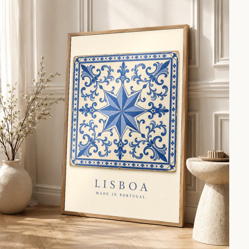 Lisbon Azulejo Tile Wall Art | Cobalt Blue Portuguese Maiolica Poster | Lisbon Travel Print | Mediterranean Kitchen Decor | Portugal Gift image 1