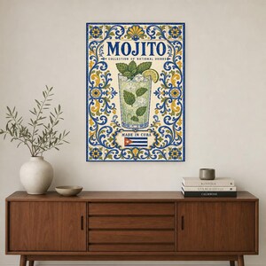 Płytka ścienna z koktajlem Mojito | Kubański plakat narodowy z napojami | Druk koszyka barowego Azulejo | Wystrój kuchni majolikowej zdjęcie 2