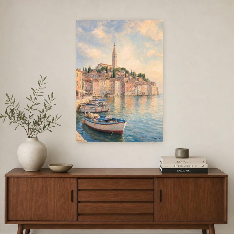 Plakat podróżniczy Rovinj | Delikatne malowanie, Chorwacja, grafika ścienna | Wydruk z nadmorskim miastem Adriatyku | Wydruk i wysyłka zdjęcie 2