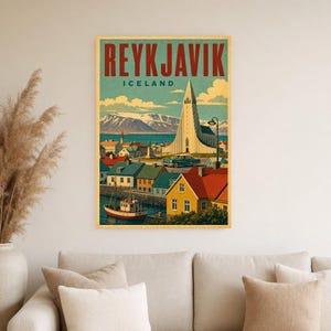 Plakat z podróży do Reykjaviku | Druk w stylu vintage z kościołem | Sztuka ścienna Islandii | Wydruk i wysyłka zdjęcie 4