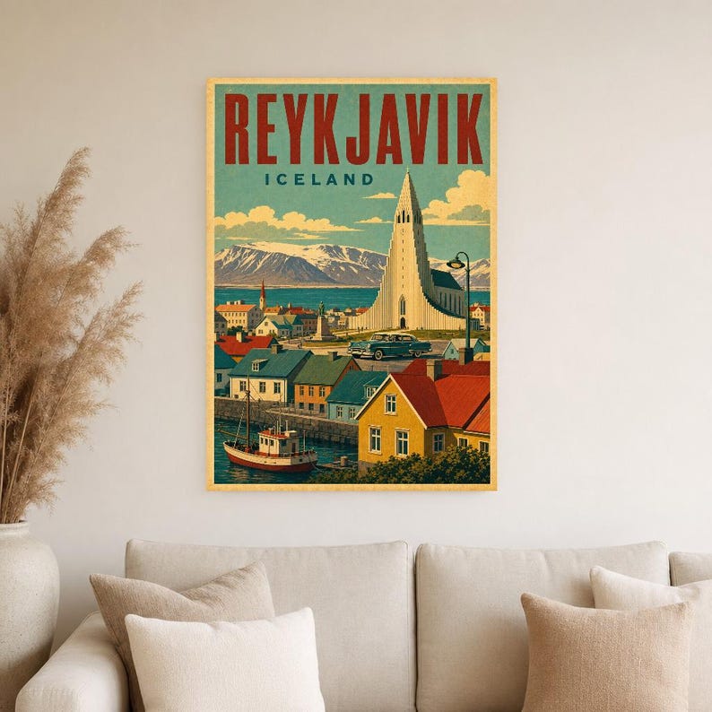 Plakat z podróży do Reykjaviku | Druk w stylu vintage z kościołem | Sztuka ścienna Islandii | Wydruk i wysyłka zdjęcie 4