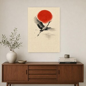 Red Sun Japandi Wall Art Print | Sumi-e Ink Crane Print | Wabi Sabi Living Room Poster image 2