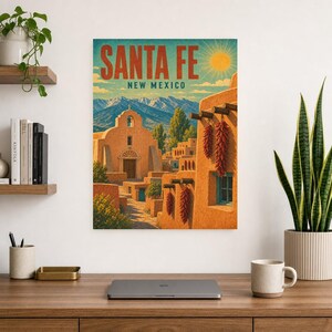 Santa Fe Travel Poster | Vintage Adobe Pueblo Print | New Mexico Wall Art Print | Mid Century City Decor image 7