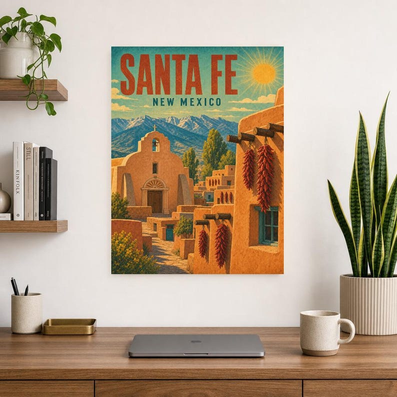 Santa Fe Travel Poster | Vintage Adobe Pueblo Print | New Mexico Wall Art Print | Mid Century City Decor image 7