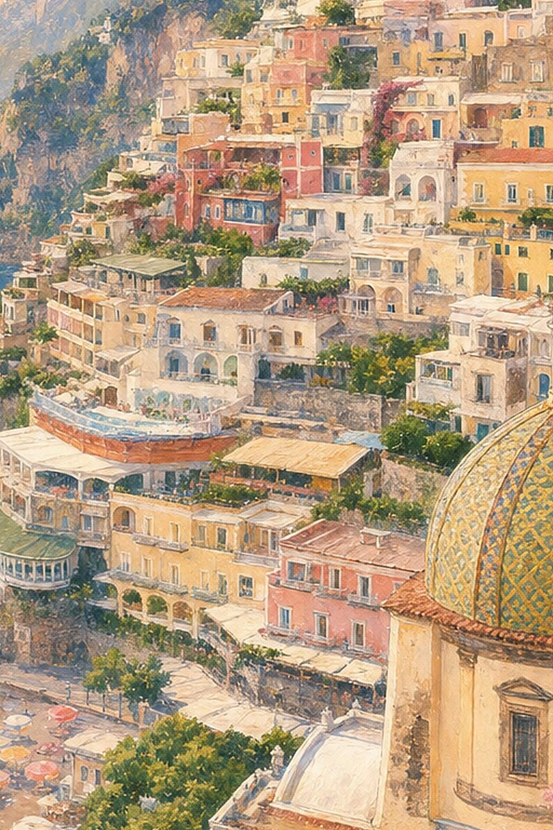 Positano reisposter | Zachte schildering Amalfikust print | Italiaanse muurdecoratie | Kustdecoratie | Gedrukt en verzonden afbeelding 3