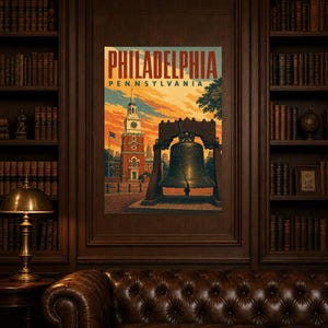 Philadelphia Travel Poster | Vintage Liberty Bell Print | Pennsylvania Wall Art Print | Mid Century City Decor image 4
