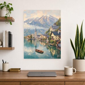 Póster de viaje de Hallstatt | Pintura suave para pared en Austria | Lámina de pueblo alpino junto al lago | Impreso y enviado imagen 8