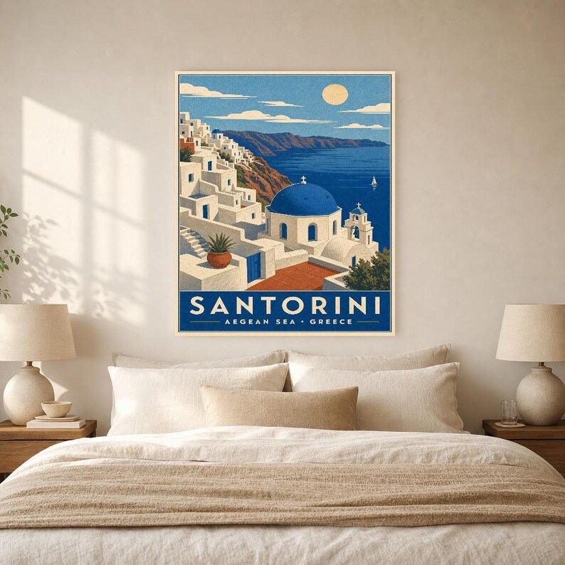 Cartel de viaje de Santorini | Arte de pared vintage de Grecia | Impresión de la Caldera del Egeo | Decoración costera azul blanca | Arte de imagen 6