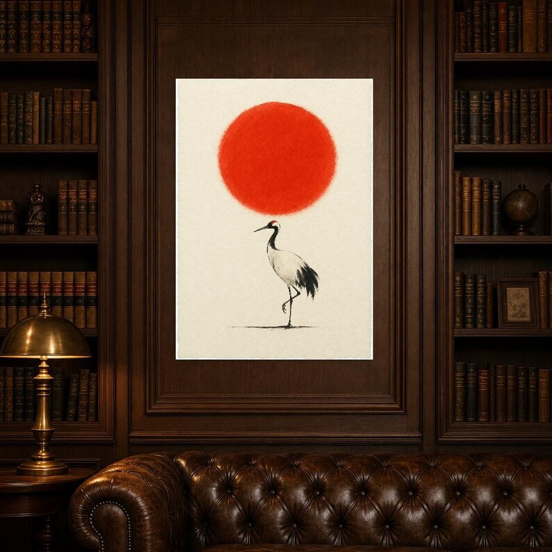 Minimale Rote Sonne Japandi Wandkunst | Einzelkran-Tintendruck | Zen-Wandkunst-Poster Bild 5