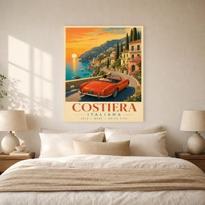 Vintage Car Wall Art Print | Italian Coast Road Trip Poster | Riviera Convertible Print | Dolce Vita Sunset Decor | Mediterranean Travel Art image 6