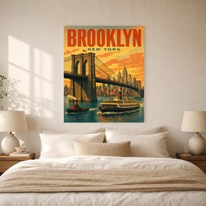 Pôster de viagem do Brooklyn | Impressão vintage da Ponte do Brooklyn dos anos 1950 | Impressão de arte de parede de Nova York | Decoração urbana de meados do século imagem 5