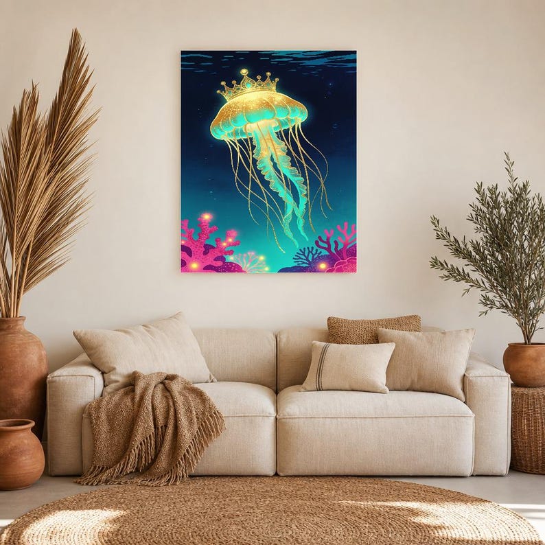 Bioluminescent Jellyfish Poster | Deep Sea Ocean Bathroom Wall Art Print | Dark Coastal Night Print image 8