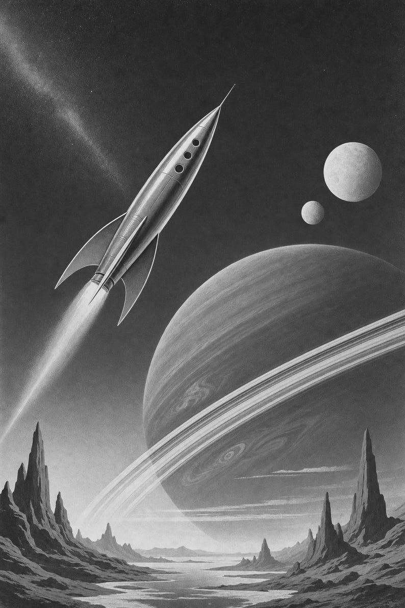 Retro Space Travel Poster | Vintage Sci-Fi Wall Art Print | Crimson Planet Rocket Art | 70s Cosmic Travel Wall Decor image 10