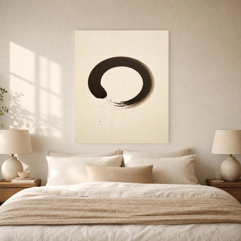 Charcoal Enso Zen Wall Art | Minimalist Ink Brush Circle Poster | Black Cream Meditation Print image 6