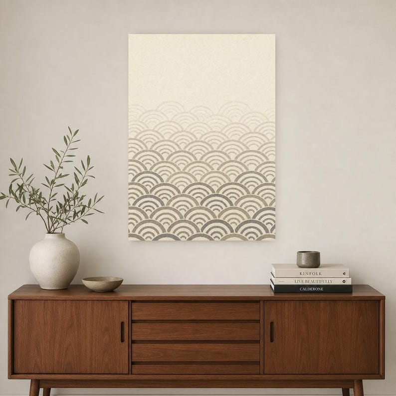 Set da parete neutro per la galleria Japandi Wall Art | Onde Seigaiha di salvia di sabbia | Stampa Wabi Sabi immagine 2