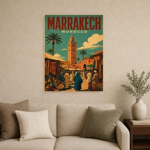 Plakat podróżniczy z Marrakeszu | Druk z targu w stylu vintage | Sztuka ścienna z Maroka | Wydruk i wysyłka zdjęcie 9