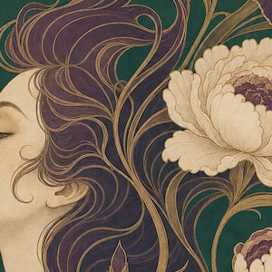 Art Nouveau Wall Art Print | Woman with Iris Flowers Poster | Modern New Botanical | Jade Plum Ivory Elegant Wall Decor image 3