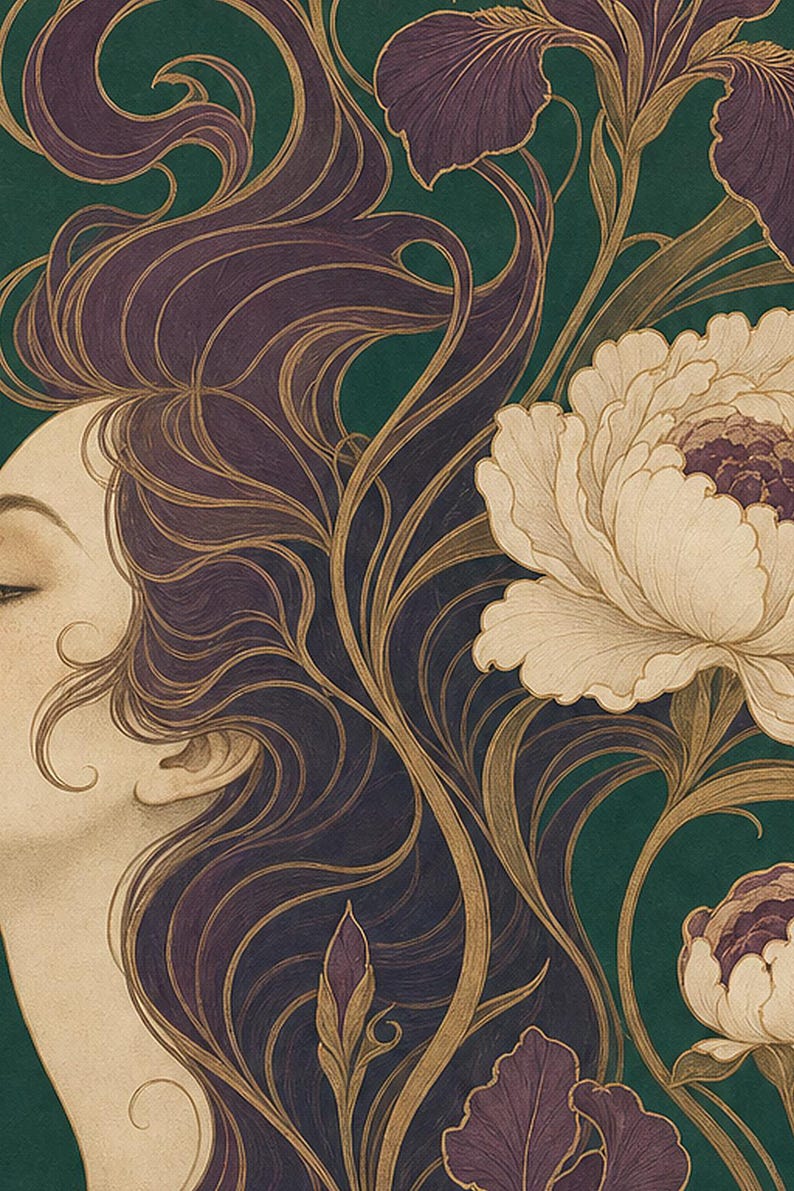 Art Nouveau Wall Art Print | Woman with Iris Flowers Poster | Modern New Botanical | Jade Plum Ivory Elegant Wall Decor image 3