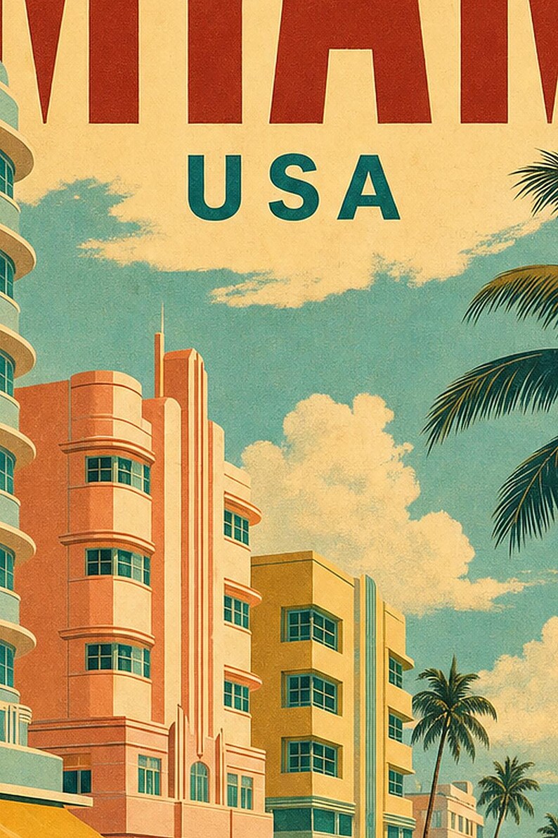 Miami Travel Poster | Vintage Art Deco Print | USA Wall Art | Printed & Shipped image 3