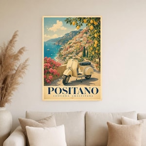 Positano Vespa Wandkunst | Italienisches Riviera-Reiseplakat | Amalfiküste Druck | Vintage Dolce Vita Roller Kunst | Mediterranes Dekor Bild 4