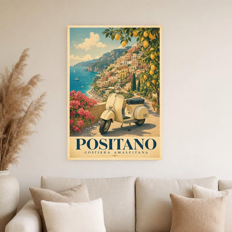 Positano Vespa Wandkunst | Italienisches Riviera-Reiseplakat | Amalfiküste Druck | Vintage Dolce Vita Roller Kunst | Mediterranes Dekor Bild 4