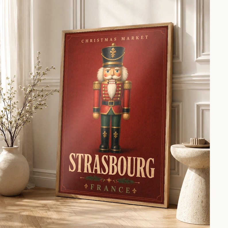 Cartel del cascanueces del mercado navideño de Estrasburgo | Arte de pared de vacaciones de Francia | Impresión navideña vintage | Decoració imagen 1