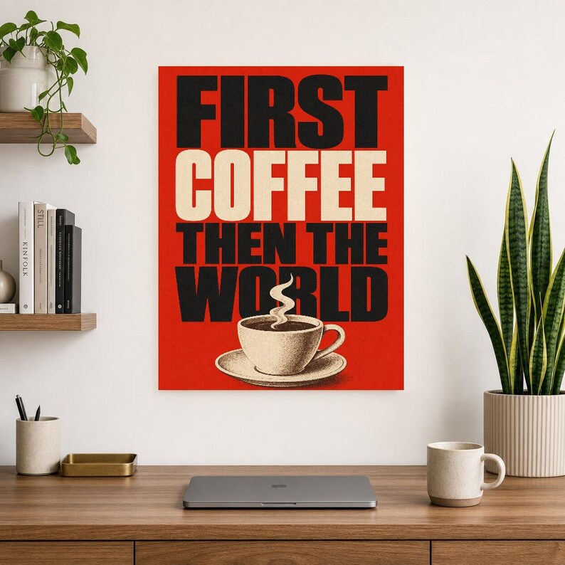 Primero el café y luego el mundo Póster | Impresión de arte de pared tipografía audaz ? Impresión de cotización de cocina ? Regalo divertido imagen 9
