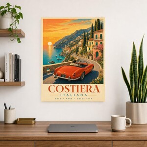 Vintage Car Wall Art Print | Italian Coast Road Trip Poster | Riviera Convertible Print | Dolce Vita Sunset Decor | Mediterranean Travel Art image 8