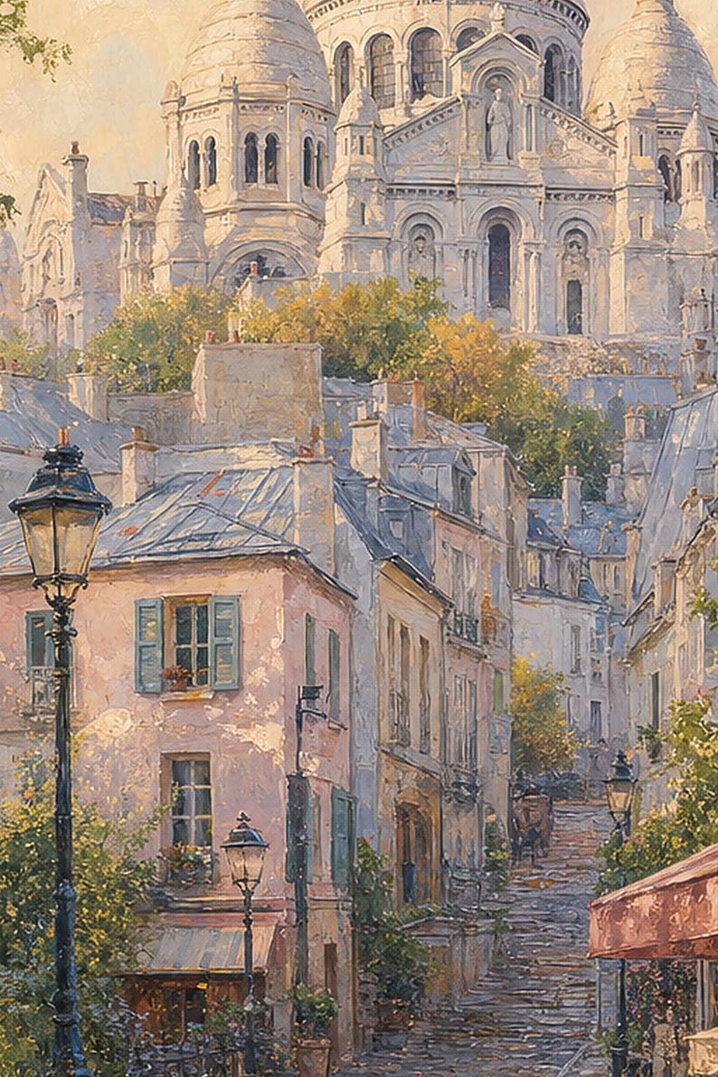 Póster de Montmartre, París | Pintura suave para pared, arte francés | Lámina de la calle adoquinada del Sacré-Cœur | Impreso y enviado imagen 3