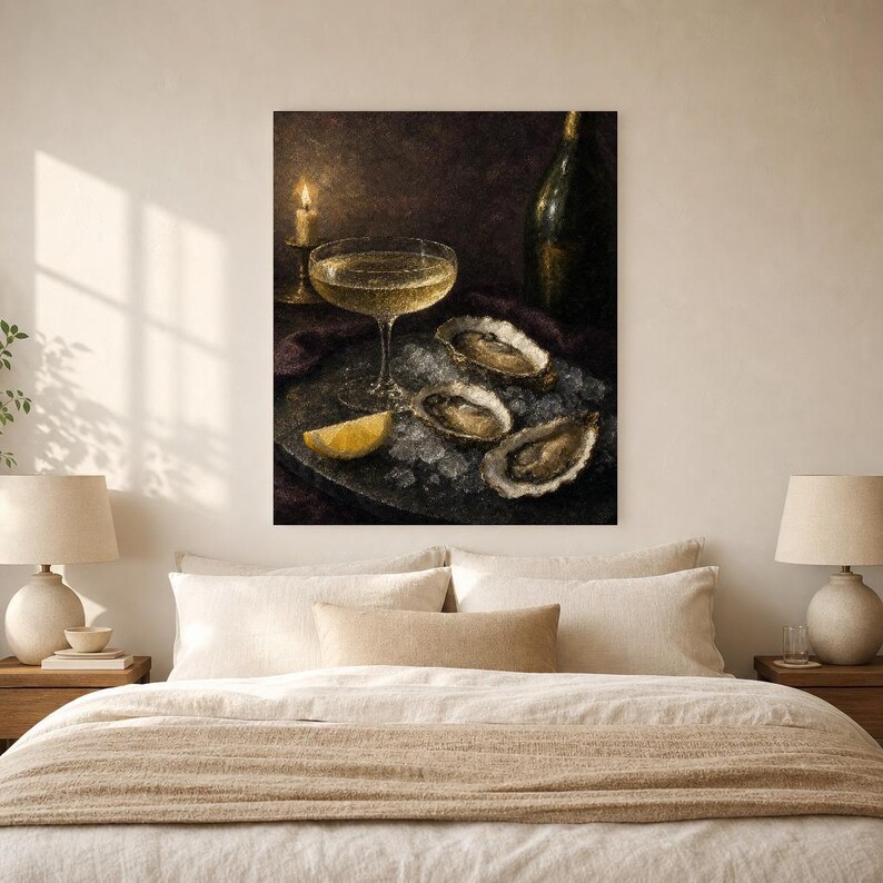 Moody Oysters Champagne Wall Art | Dark Food Still Life Poster | Kitchen Wall Art Print | Aperitivo Art image 6