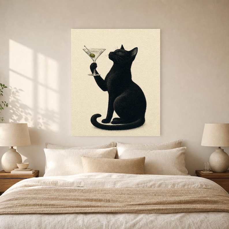 Black Cat Martini Wall Art Print | Olive Cocktail Poster | Bar Cart Print | Funny Black Cat Club Bar Decor image 6