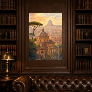 Rome Travel Poster | Soft Painting Italy Wall Art | Roman Rooftops Golden Hour Print | Printed & Shipped image 5