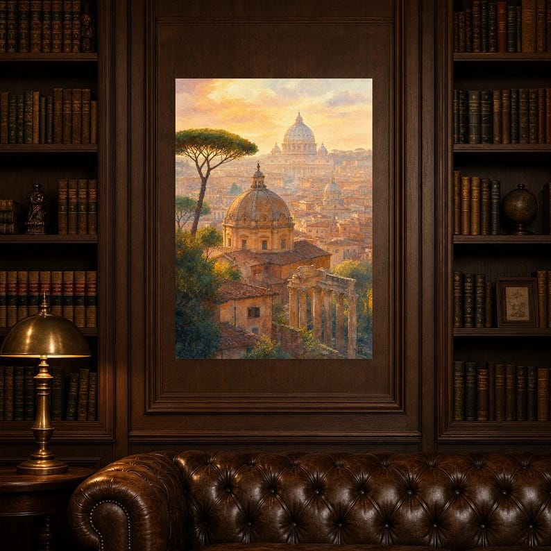 Rome Travel Poster | Soft Painting Italy Wall Art | Roman Rooftops Golden Hour Print | Printed & Shipped image 5