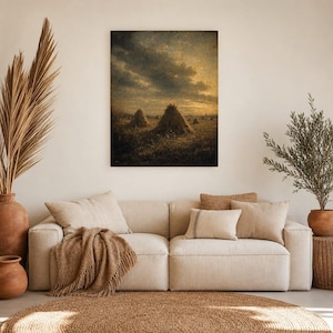 Moody Harvest Field Haystacks Wall Art Print | Vintage Oil Painting Print | Faded Golden Light Tonalist Decor | Antique Farm Poster image 7