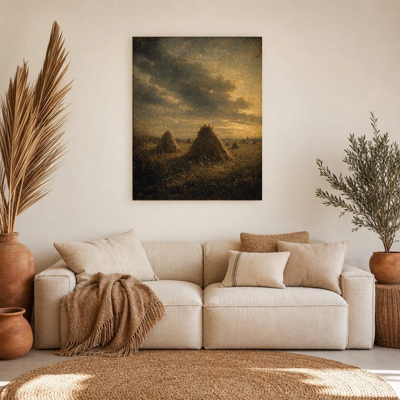 Moody Harvest Field Haystacks Wall Art Print | Vintage Oil Painting Print | Faded Golden Light Tonalist Decor | Antique Farm Poster image 7