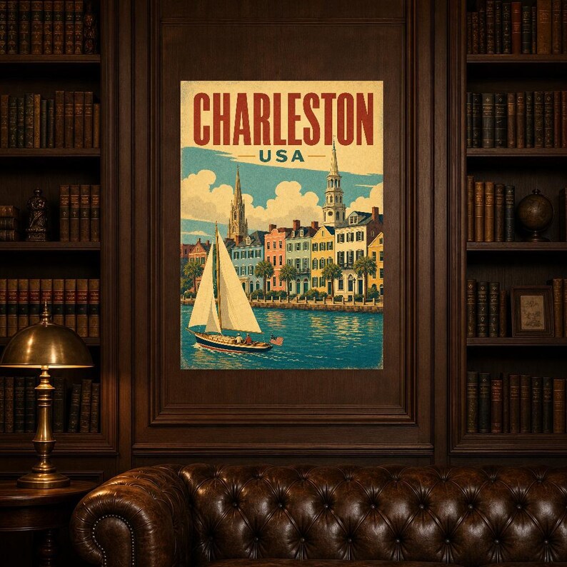 Póster turístico de Charleston | Lámina vintage de Rainbow Row de los años 50 | Arte mural retro de Carolina del Sur | Decoración de mediados de siglo imagen 5