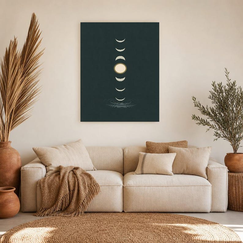 Emerald Moon Phase Wall Art | Zen Water Ripple Poster | Dark Japandi Moody Minimalist Print image 7