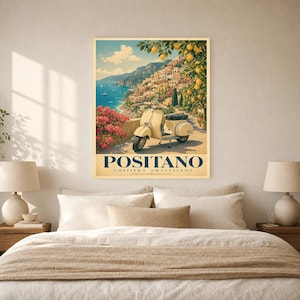 Positano Vespa Wandkunst | Italienisches Riviera-Reiseplakat | Amalfiküste Druck | Vintage Dolce Vita Roller Kunst | Mediterranes Dekor Bild 6