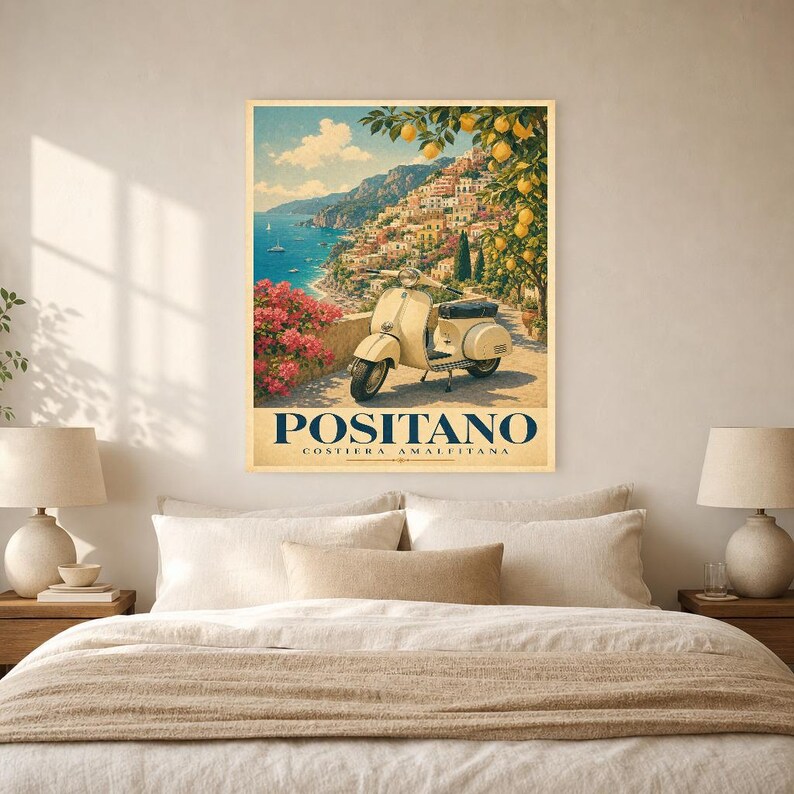 Positano Vespa Wandkunst | Italienisches Riviera-Reiseplakat | Amalfiküste Druck | Vintage Dolce Vita Roller Kunst | Mediterranes Dekor Bild 6